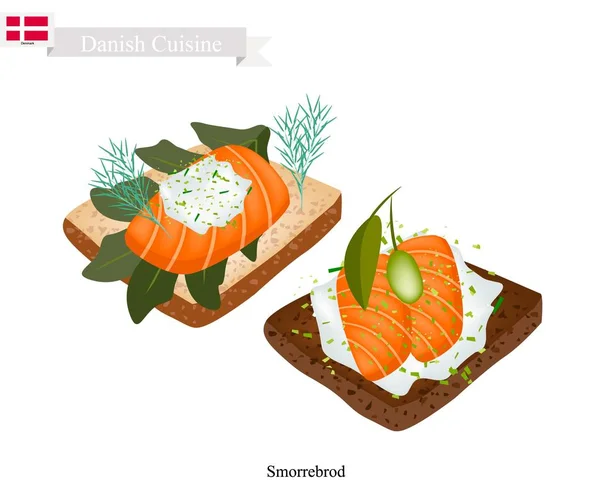 Smorrebrod con salmón ahumado, el plato nacional de Dinamarca — Vector de stock