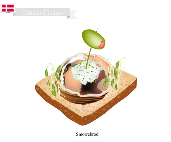 Smorrebrod with Spiced Meat Roll, The National Dish of Denmark — Stock Vector