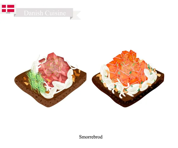 Smorrebrod με σολομού και του τόνου, το εθνικό πιάτο της Δανίας — Διανυσματικό Αρχείο