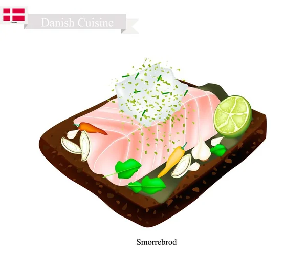 Smorrebrod met witte vis, het nationale gerecht van Denemarken — Stockvector