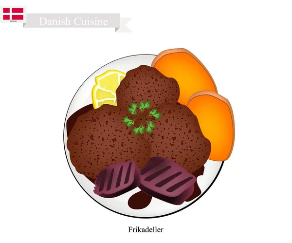 Frikadel of gebakken rundvlees Patty, populair gerecht in Denemarken — Stockvector