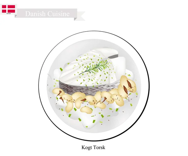 Kogt Torsk of gekookte kabeljauw, een populair gerecht in Denemarken — Stockvector