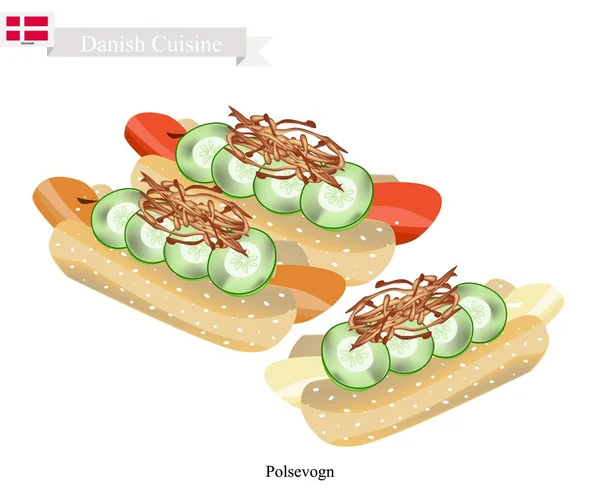 Polsevogn of Hot Dog, een Polpular voeding van Denemarken — Stockvector