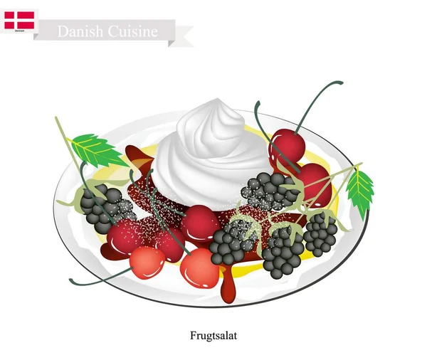 Frugtsalat o insalata di frutta, un dolce popolare in Danimarca — Vettoriale Stock