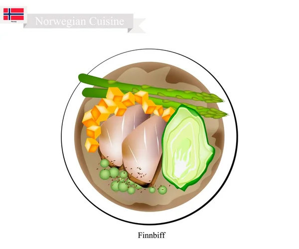 Finnbiff of gebakken rendieren, populaire schotel van Noorwegen — Stockvector