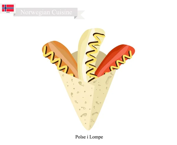 Polse i Lompe o Hot Dog, una comida polar de Noruega — Vector de stock