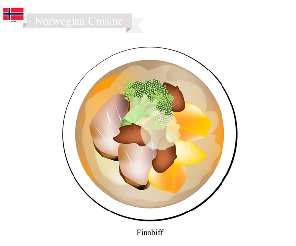 Finnbiff o reno salteado, plato popular de Noruega — Vector de stock