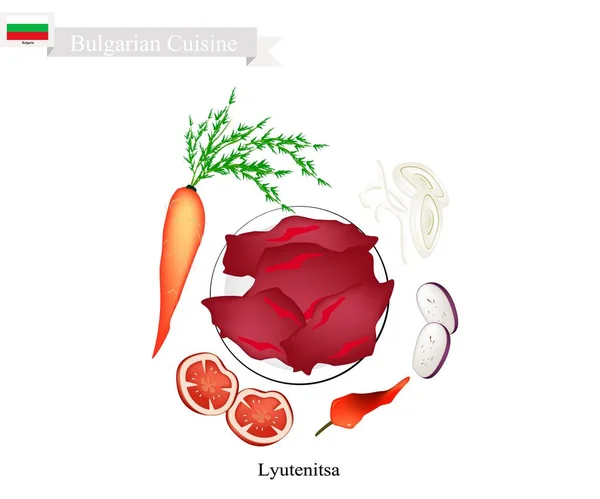 Lyutenitsa, un plato tradicional y popular de Bulgaria — Vector de stock