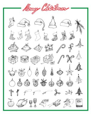 Güzel neşeli Noel öğeleri kümesini el çekilmiş