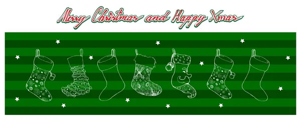 Hand gezeichnet von schönen Weihnachtsstrümpfen auf grünem Hintergrund — Stockvektor