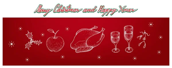 BoĹźe Narodzenie z indyka, Apple, Holly rogu, Jemioła i wino — Wektor stockowy