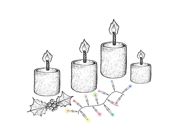 Holly Twigs ve ışıklar ile dört Noel mumlar — Stok Vektör