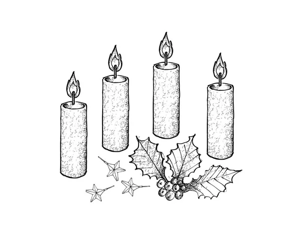 Quatro velas de Natal com galhos e estrelas Holly — Vetor de Stock