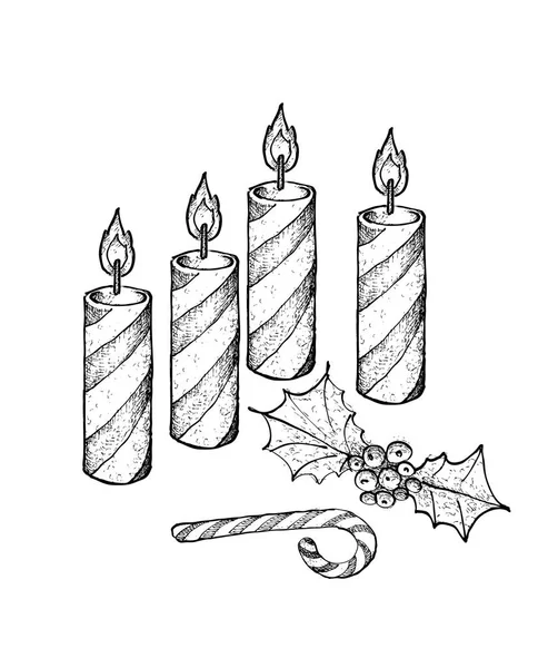 Čtyři Vánoční svíčky s Holly větvičky a Candy Cane — Stockový vektor