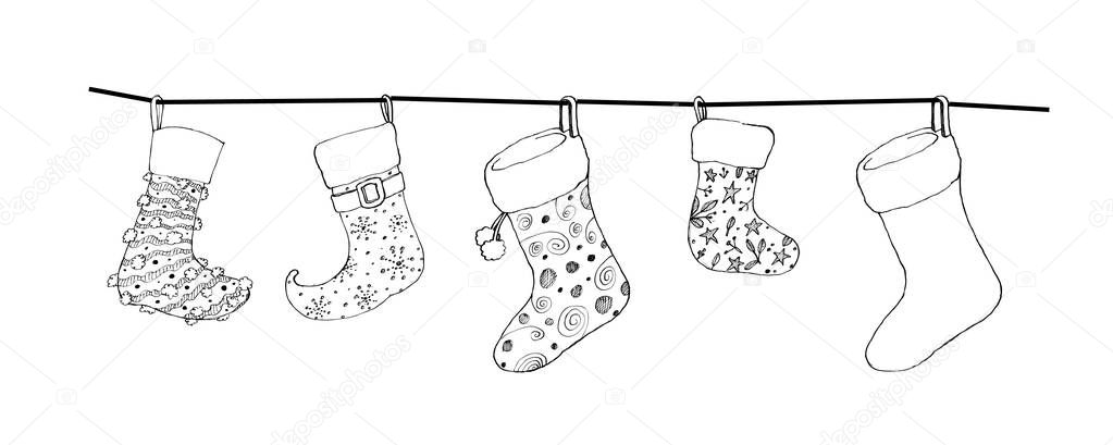 Hand Drawn of Lovely Christmas Stockings On A White Background 