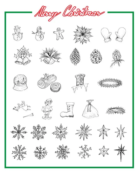 Handgezeichnetes Set schöner froher Weihnachtsartikel — Stockvektor