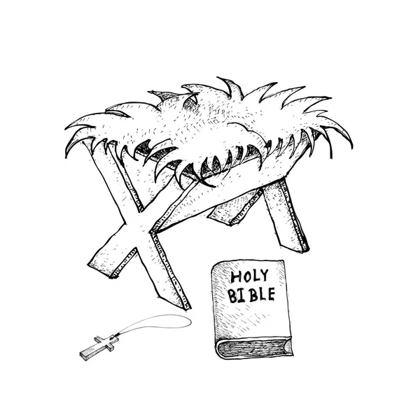 Main dessinée de la Manger avec la Bible et la Croix en bois — Image vectorielle