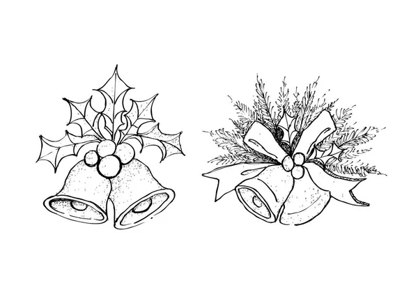 クリスマス ヒイラギと松の葉と黄金の鐘 — ストックベクタ
