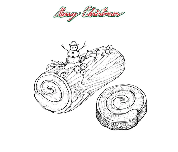 Ručně kreslenou tradiční vánoční koláč nebo dort Yule Log — Stockový vektor