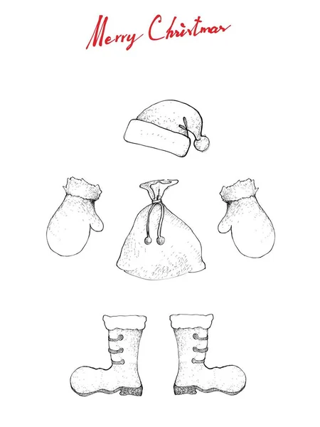 Illustration handgezeichnete Skizze von Weihnachtsmann-Hut, Stiefel, Tasche und Fäustling, die darauf warten, dass der Weihnachtsmann sie trägt und in der Weihnachtsnacht in die Stadt kommt. — Stockvektor