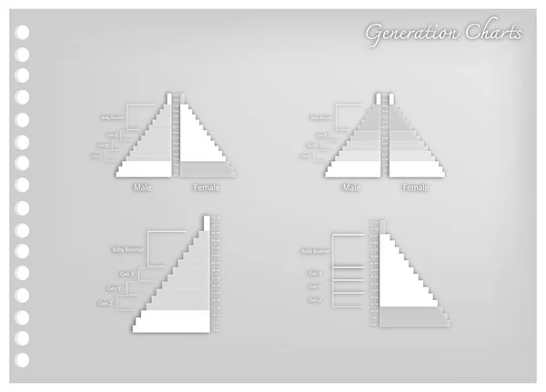 Arte do papel das pirâmides populacionais Gráficos com 4 gerações — Vetor de Stock