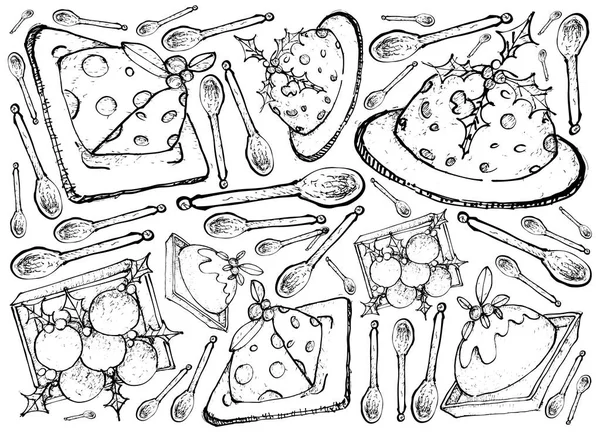 Disegnato a mano di tradizionale sfondo budino di Natale — Vettoriale Stock