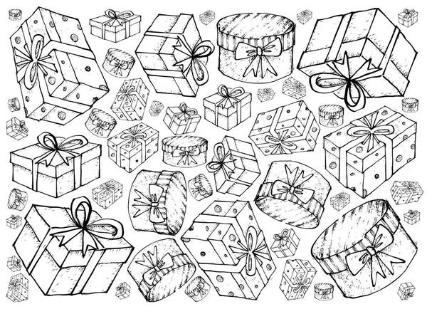 Hand Drawn of Gift Boxes with Ribbons Background — Stock Vector