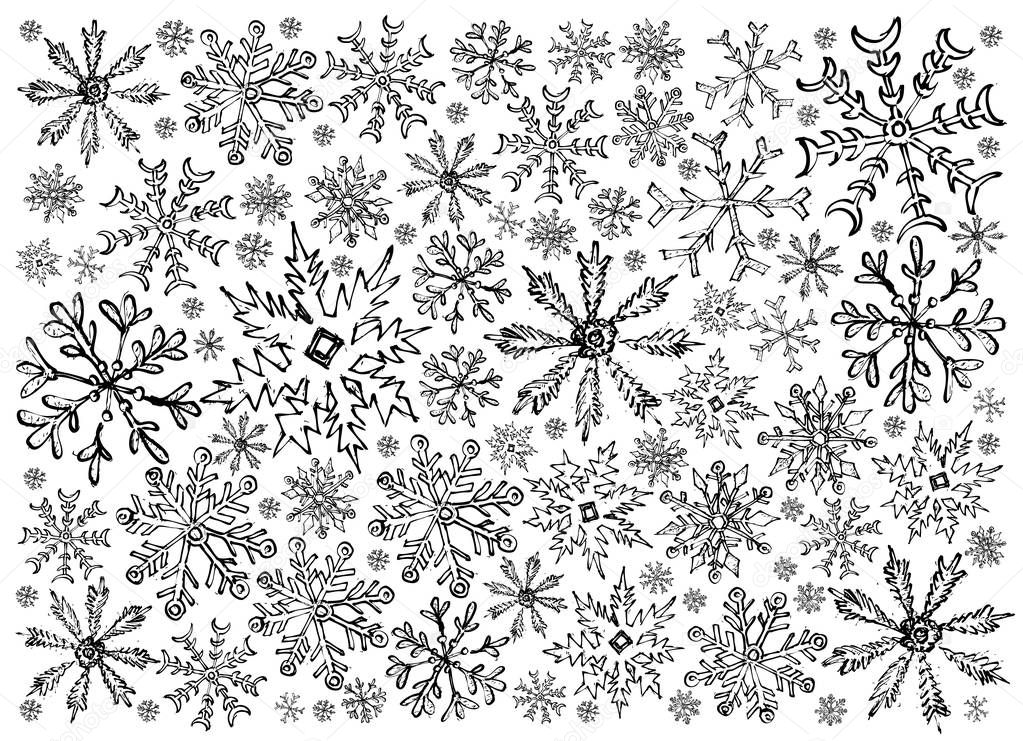 Hand Drawn Row of Various Christmas Snowflake Background 