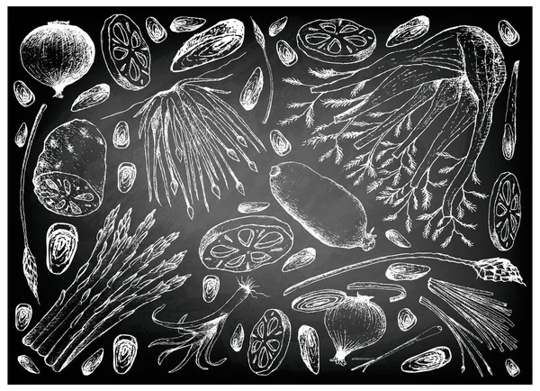 Elle ampul ve kök sebzeler kara tahta çizilmiş — Stok Vektör
