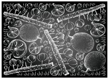 Elle Bael ve Otaheite bektaşi üzümü meyve kara tahta çizilmiş
