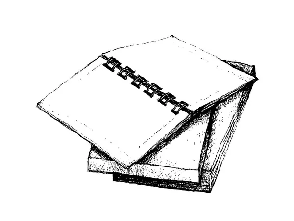 Cuaderno abierto dibujado a mano sobre pila de libros — Vector de stock