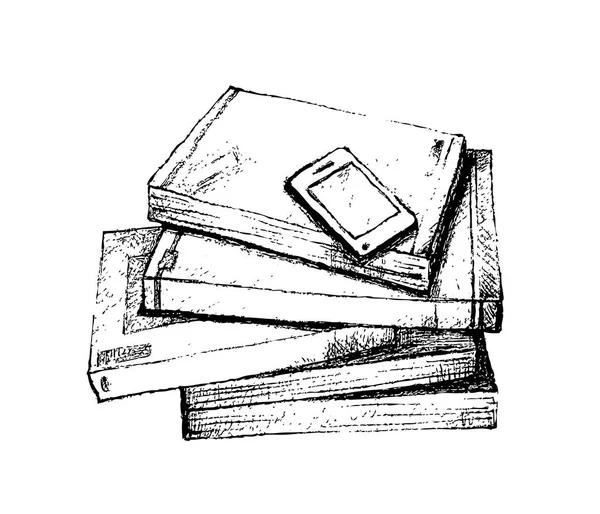 Apilado a mano de libros con teléfono inteligente — Vector de stock