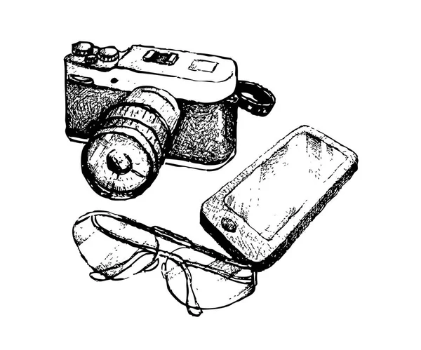 Hand Drawn Camera and Glasses with Smart Phone — Stock Vector