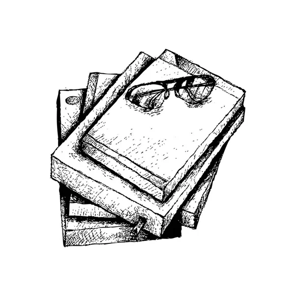 Hand Drawn stapel boeken met bril — Stockvector