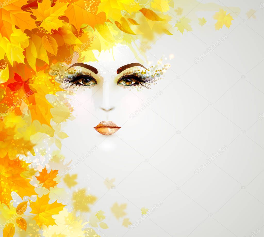 Beautiful woman in autumn circle of leaves