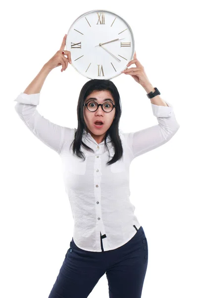 Shocked Asian Businesswoman Showing Time on Clock — Stock Photo, Image