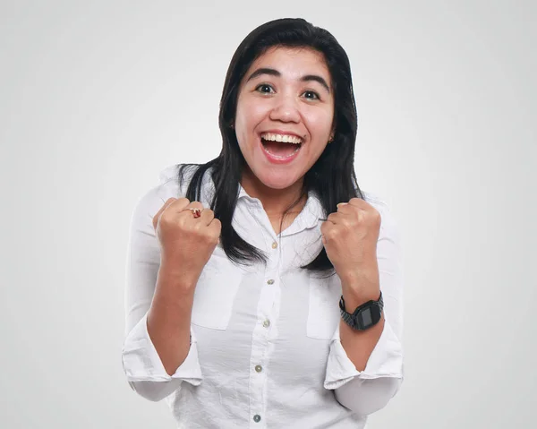 Young Asian Businesswoman Showing Winning Gesture — Stock Photo, Image