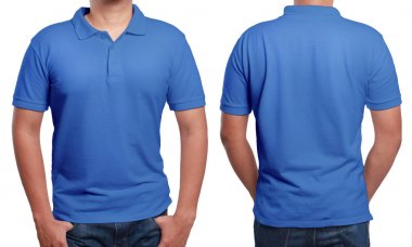 Polo t-shirt sahte kadar açık mavi ve arkadan görünüm, izole. Erkek model aşınma düz mavi gömlek mockup. Polo gömlek tasarım şablonu. Boş tees için yazdırma