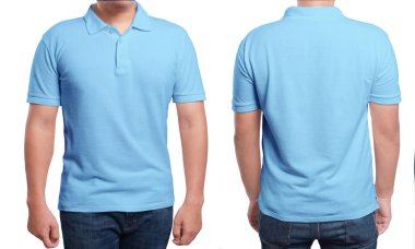 Polo t-shirt sahte kadar açık mavi ve arkadan görünüm, izole. Erkek model aşınma düz mavi gömlek mockup. Polo gömlek tasarım şablonu. Boş tees için yazdırma