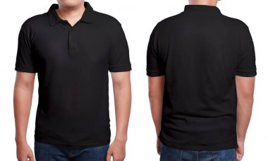 Siyah polo t-shirt sahte kadar önden ve arkadan görünüm, izole. Erkek model giyim basit siyah gömlek mockup. Polo gömlek tasarım şablonu. Boş tees için yazdırma