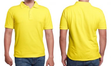 Yukarı, önden ve arkadan görünüm, izole sarı polo t-shirt sahte. Erkek model aşınma düz sarı tişört mockup. Polo gömlek tasarım şablonu. Boş tees için yazdırma