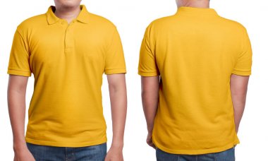 Turuncu polo t-shirt sahte kadar önden ve arkadan görünüm, izole. Erkek model aşınma düz turuncu gömlek mockup. Polo gömlek tasarım şablonu. Boş tees için yazdırma