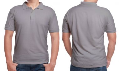 Gray polo t-shirt mock up, front and back view, isolated. Male model wear plain grey shirt mockup. Polo shirt design template. Blank tees for print clipart