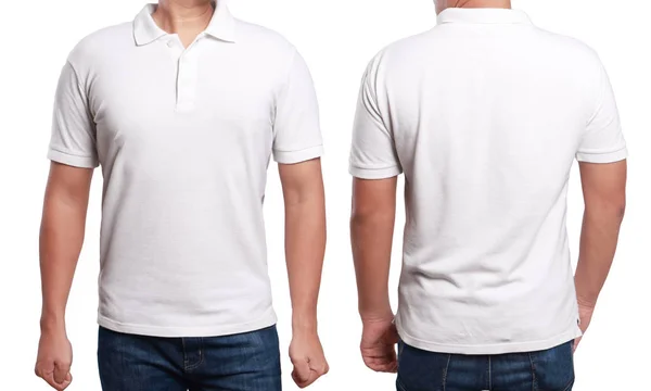 Camiseta Polo Blanco Simulada Vista Frontal Trasera Aislada Modelo Masculino — Foto de Stock