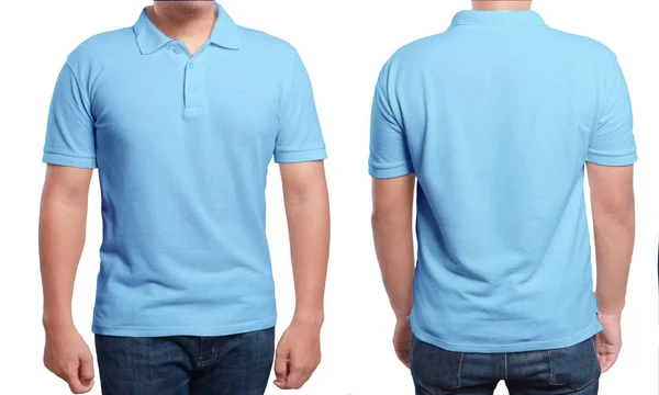 Shirt Polo Azul Mock Vista Frontal Traseira Isolado Modelo Masculino — Fotografia de Stock