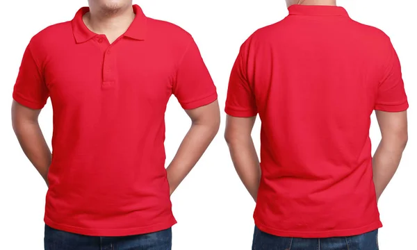 赤ポロ シャツのモックアップ 前面図と背面図 分離します 男性モデル着用の赤無地モックアップ ポロシャツ デザイン テンプレートです 空白の シャツ印刷します — ストック写真