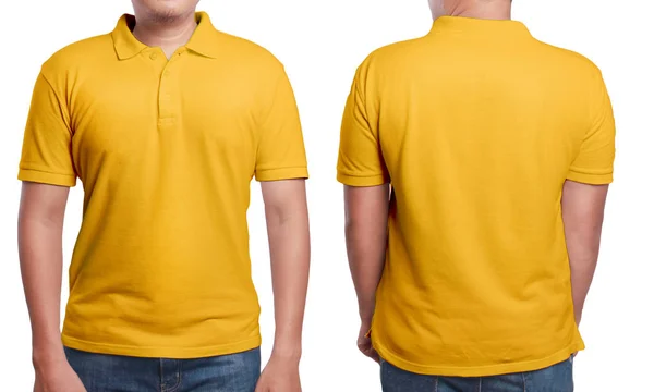 前面と背面ビュー 分離をオレンジ色のポロ シャツ モック 男性モデル着用オレンジ無地モックアップ ポロシャツ デザイン テンプレートです 空白の シャツ印刷します — ストック写真