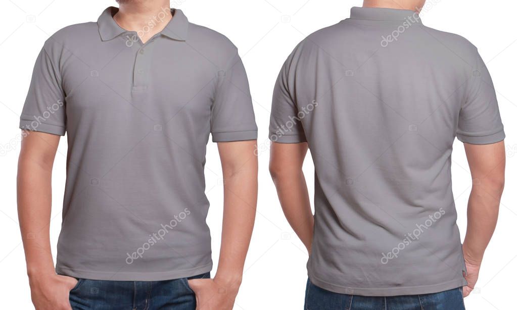 Gray polo t-shirt mock up, front and back view, isolated. Male model wear plain grey shirt mockup. Polo shirt design template. Blank tees for print