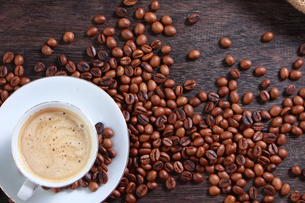 Cup of coffee made from fresh roasted coffee beans