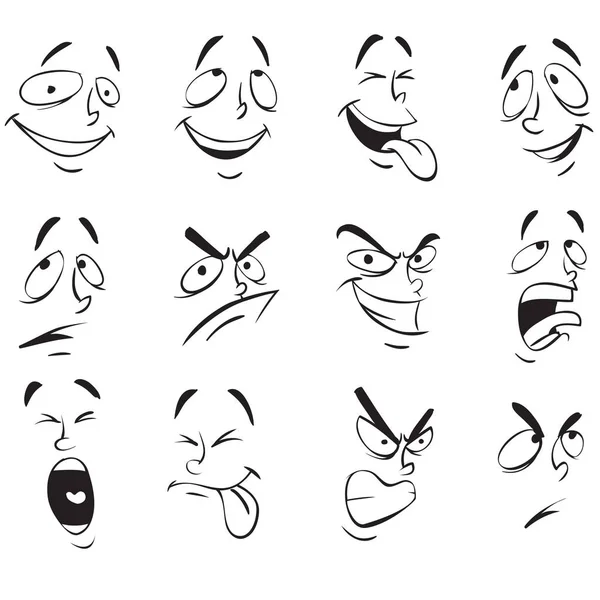 Expresiones faciales. Dibujos animados Doodle Back y contorno blanco — Vector de stock